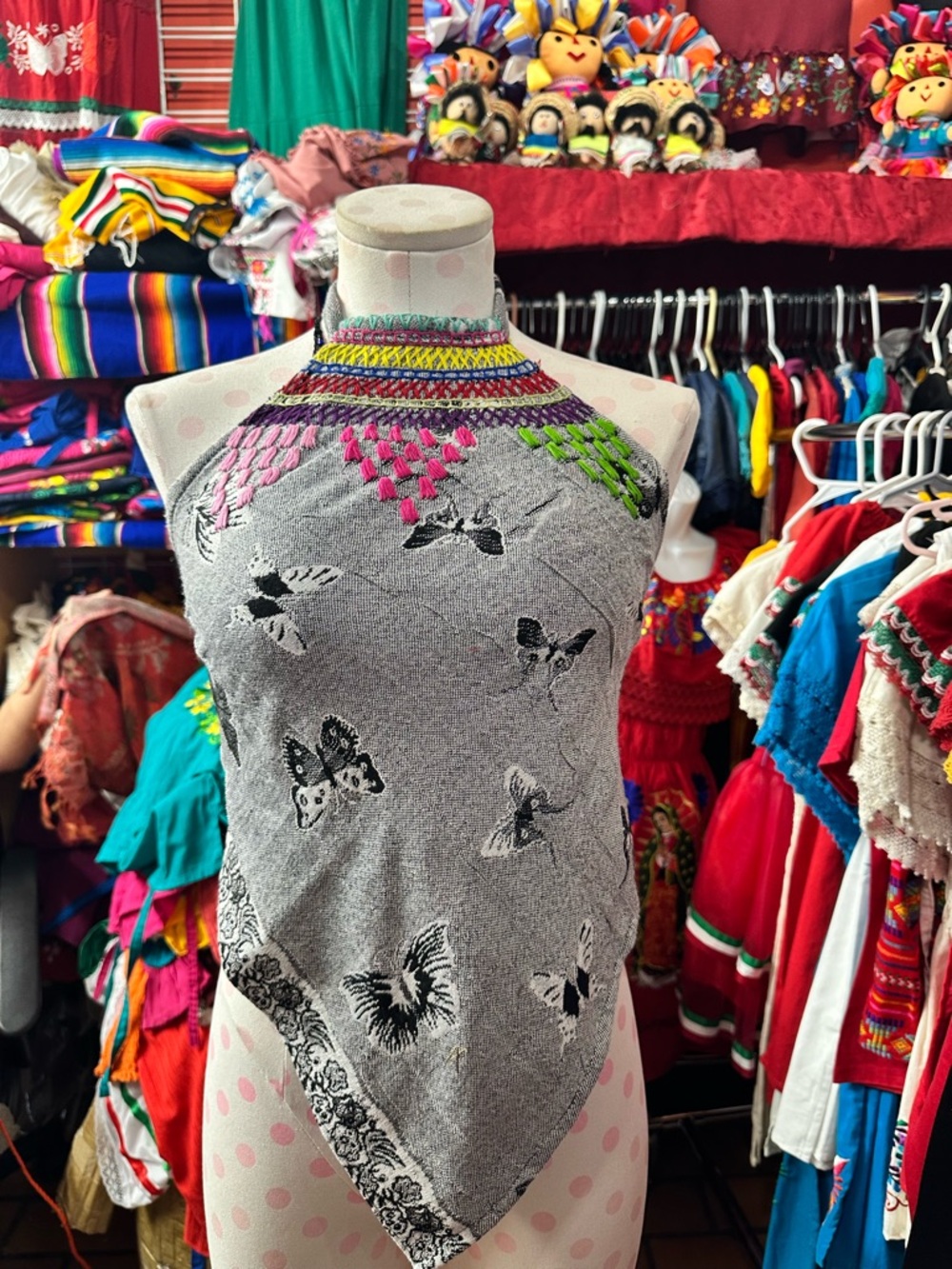 Grey Butterfly Halter Scarf Top with Colorful Crochet Neck